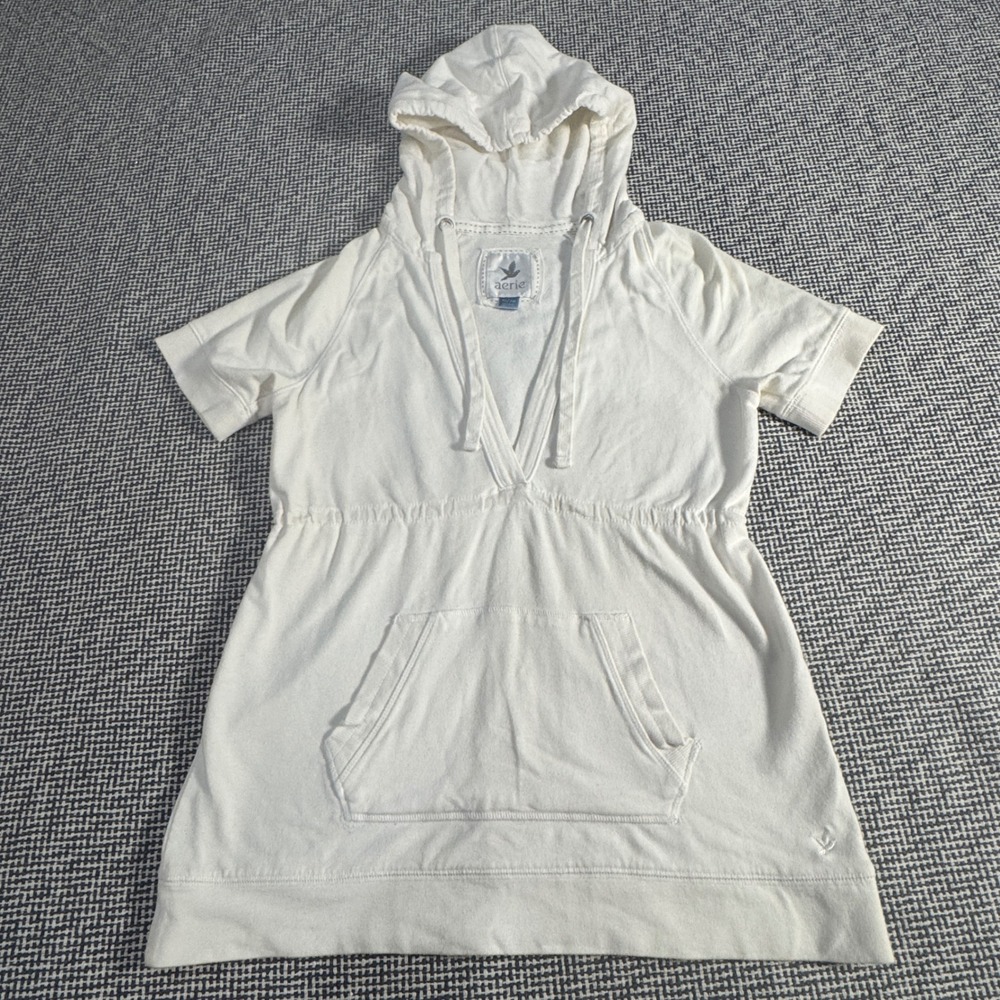 Aerie White Short Sleeve Hoodie V-Neck Empire Waist Kangaroo Pocket XS/TP